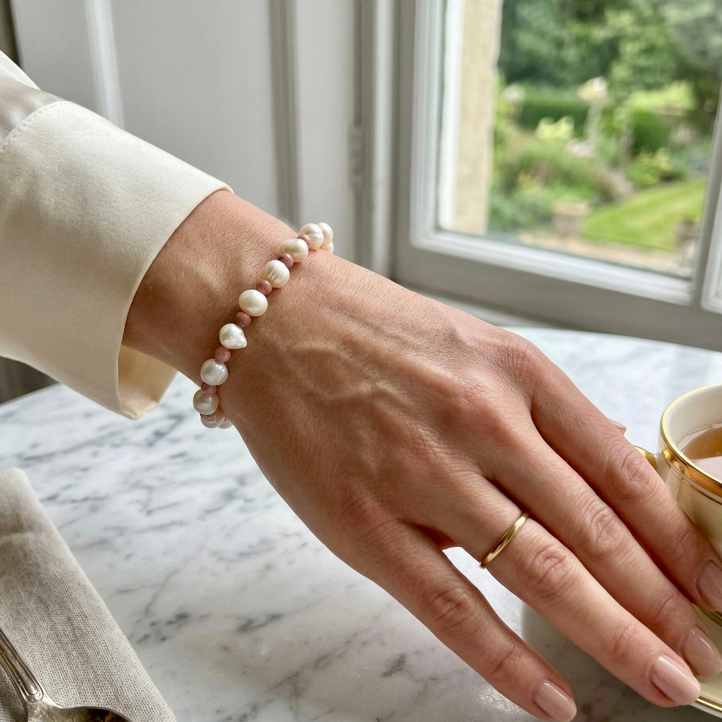 Natural Freshwater Pearl & Rhodonite Bracelet & #BR-008