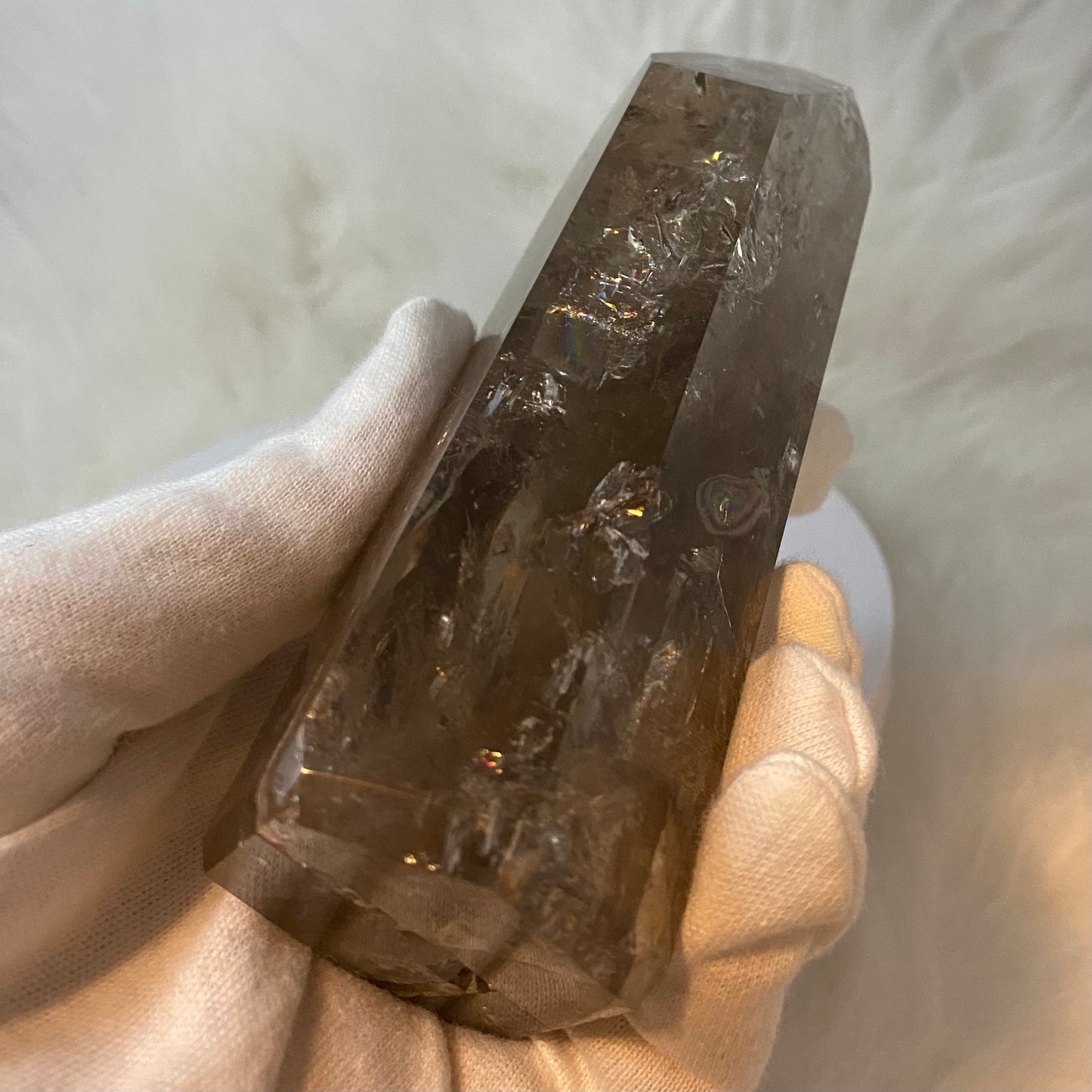 Light-Bearing Smoky Quartz Point (Brazilian, Rainbow Inclusion) 5" #SQ-021