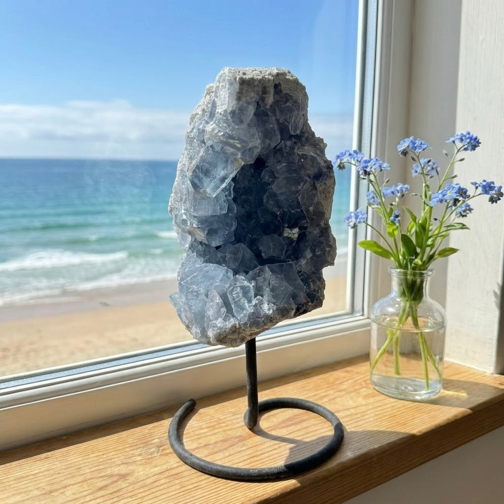 Blue Calcite Cluster with Custom Display Stand　ブルーカルサイト　＃BC-054