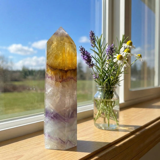 Golden Sun & Rainbow Iris Fluorite Tower フローライト・タワー 126mm #F-071