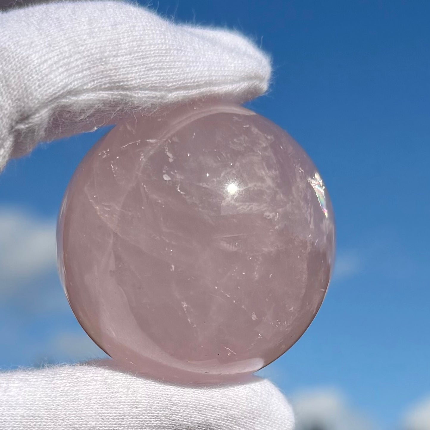 Rose Quartz Crystal Sphere with Rainbows ローズクォーツ・スフィア 43mm, 114g #RQ-088