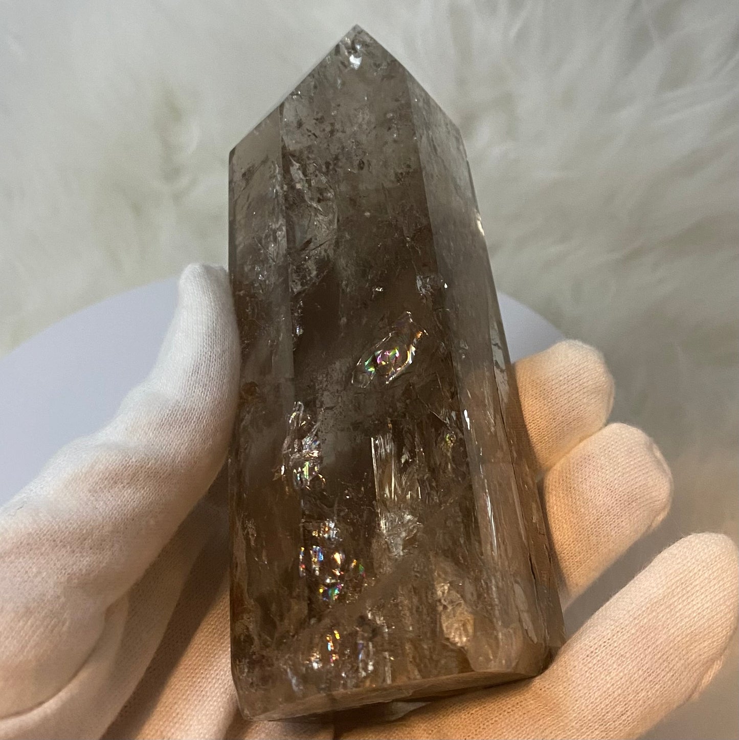 Light-Bearing Smoky Quartz Point (Brazilian, Rainbow Inclusion) 5" ＃SQ-021