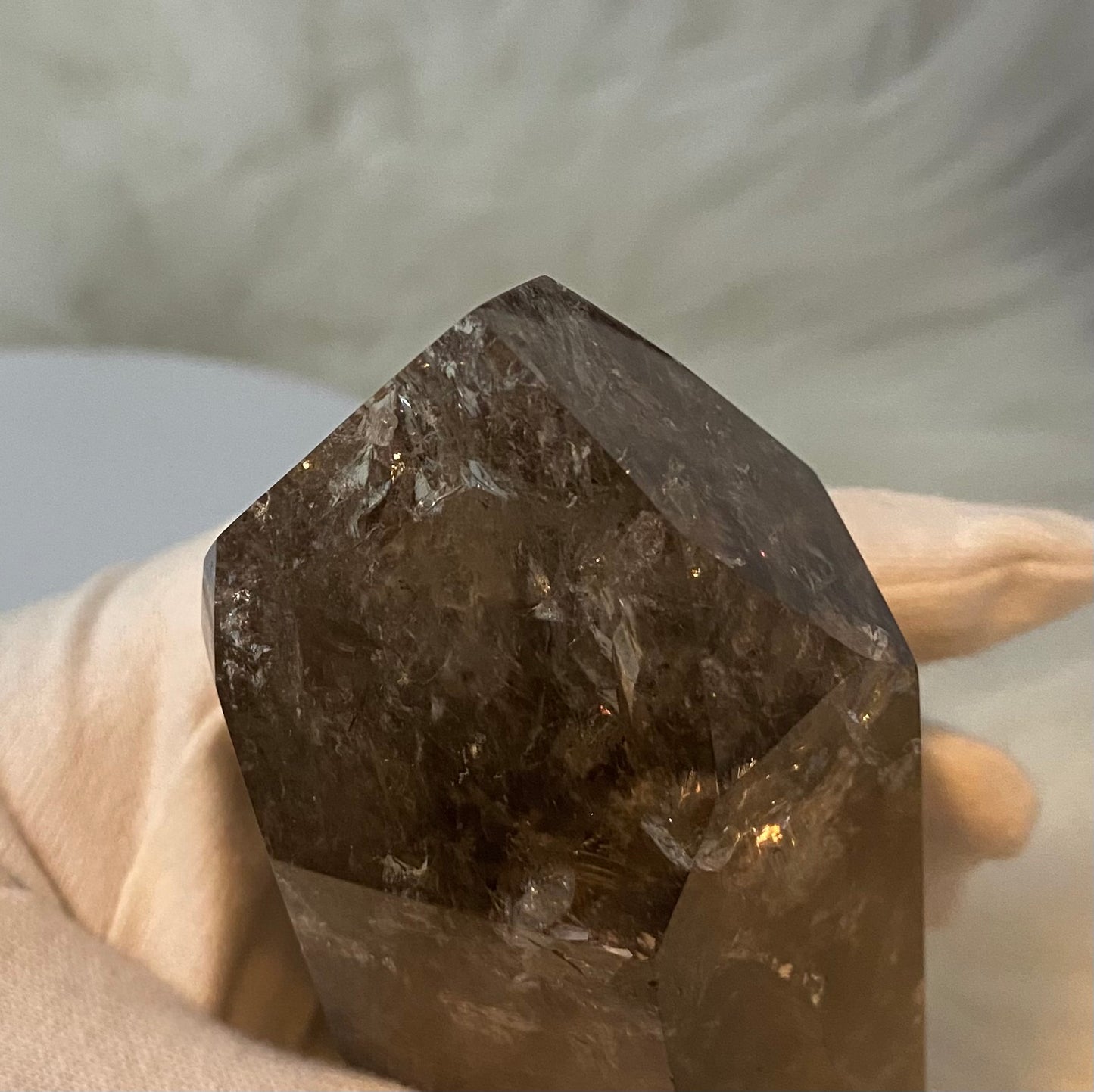 Light-Bearing Smoky Quartz Point (Brazilian, Rainbow Inclusion) 5" ＃SQ-021